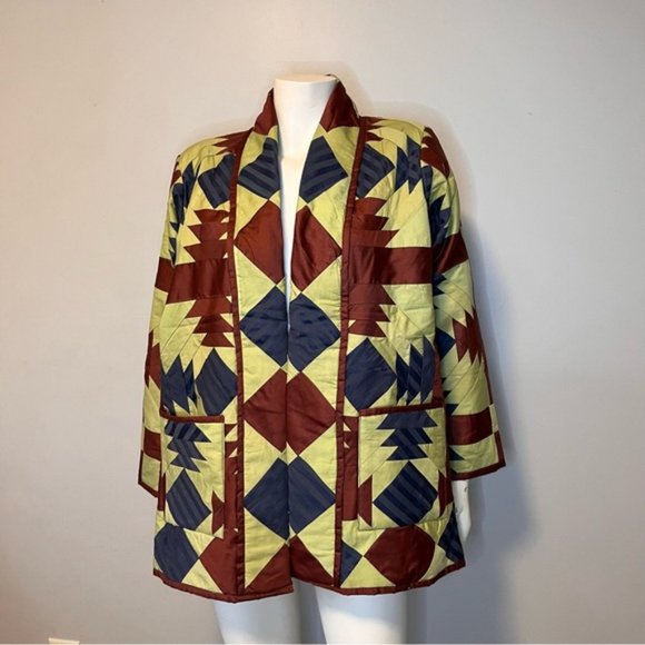 Handmade Lightweight Yellow, Burgundy and Blue Patchwork Jacket One Size - Picture 3 of 8